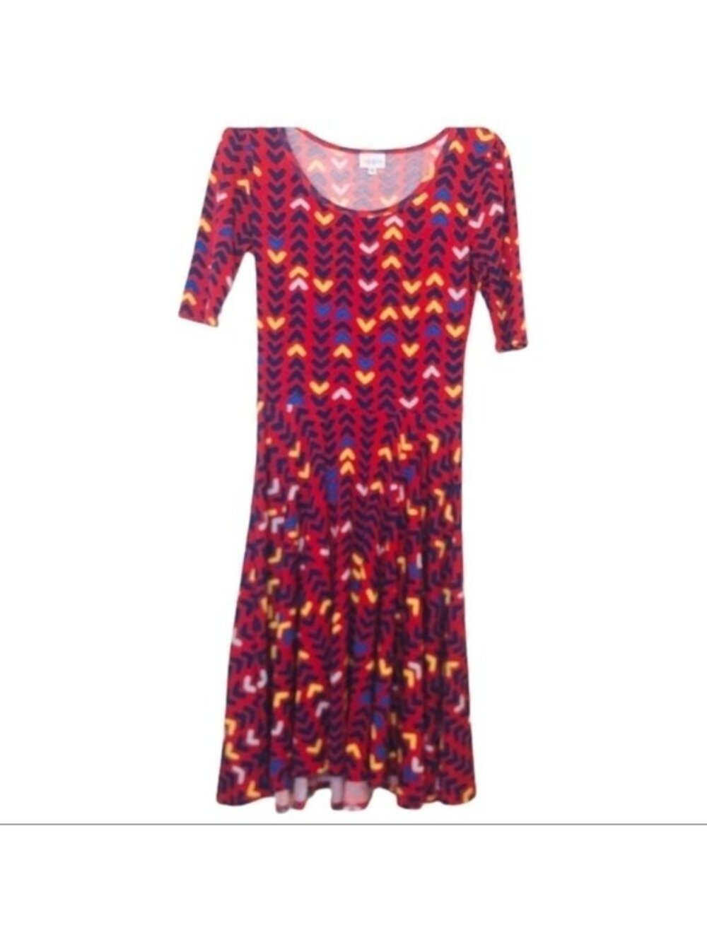LuLaRoe Dress Size S Red Navy Arrow Print Midi Scoop Neck Fit n Flare Colorful